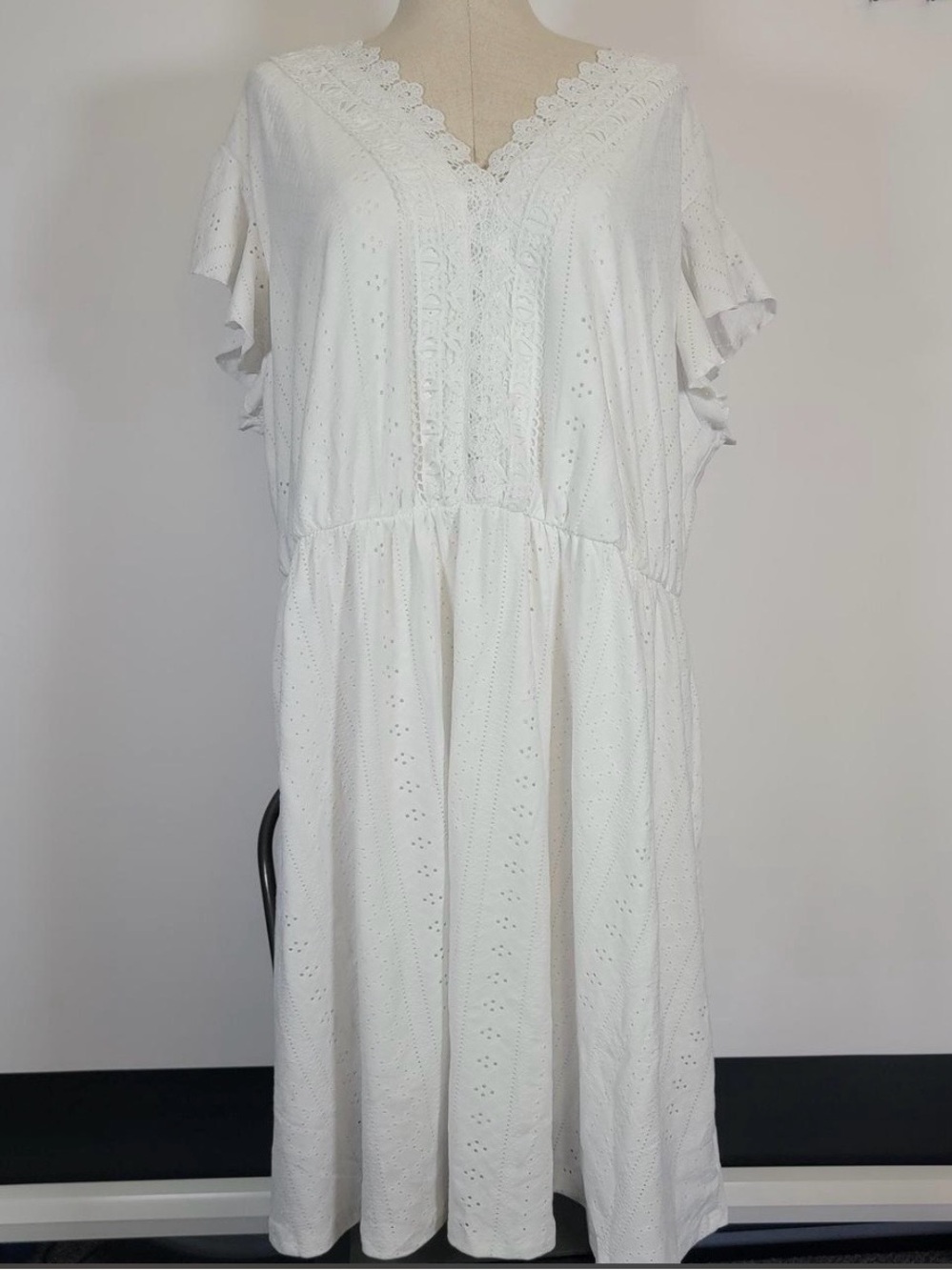 Size 3xl White Eyelet V-Neck Plus Dress